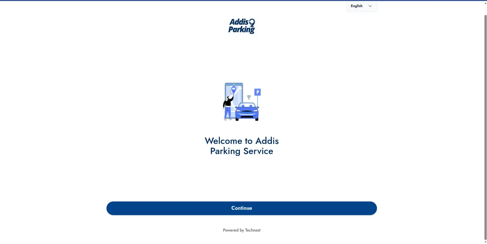 Addis Parking mobile service welcome screen