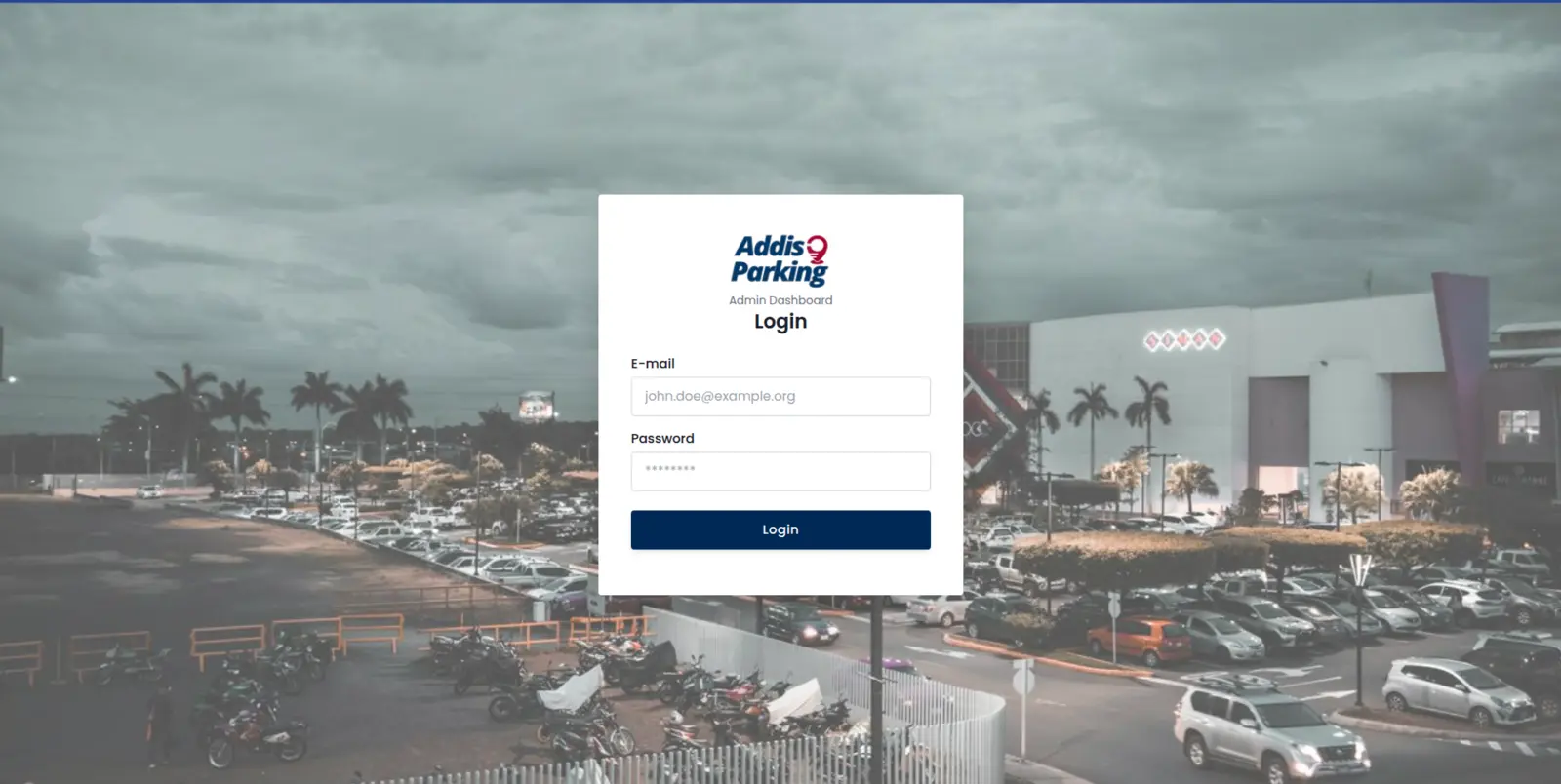 Addis Parking administration dashboard login screen