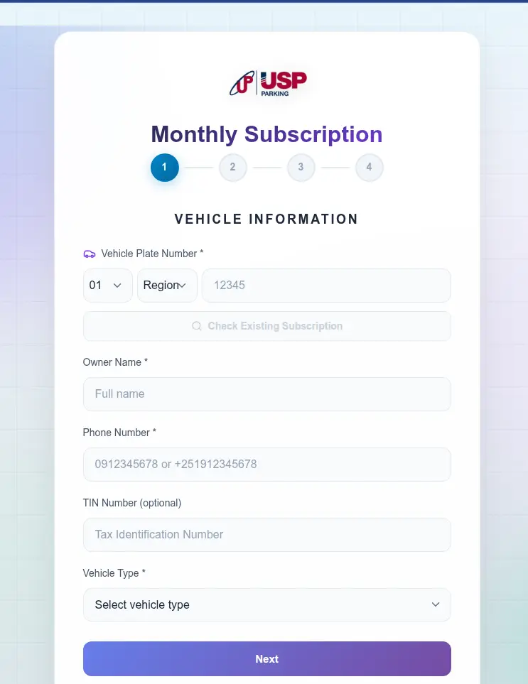 USP Airport Parking monthly subscription workflow