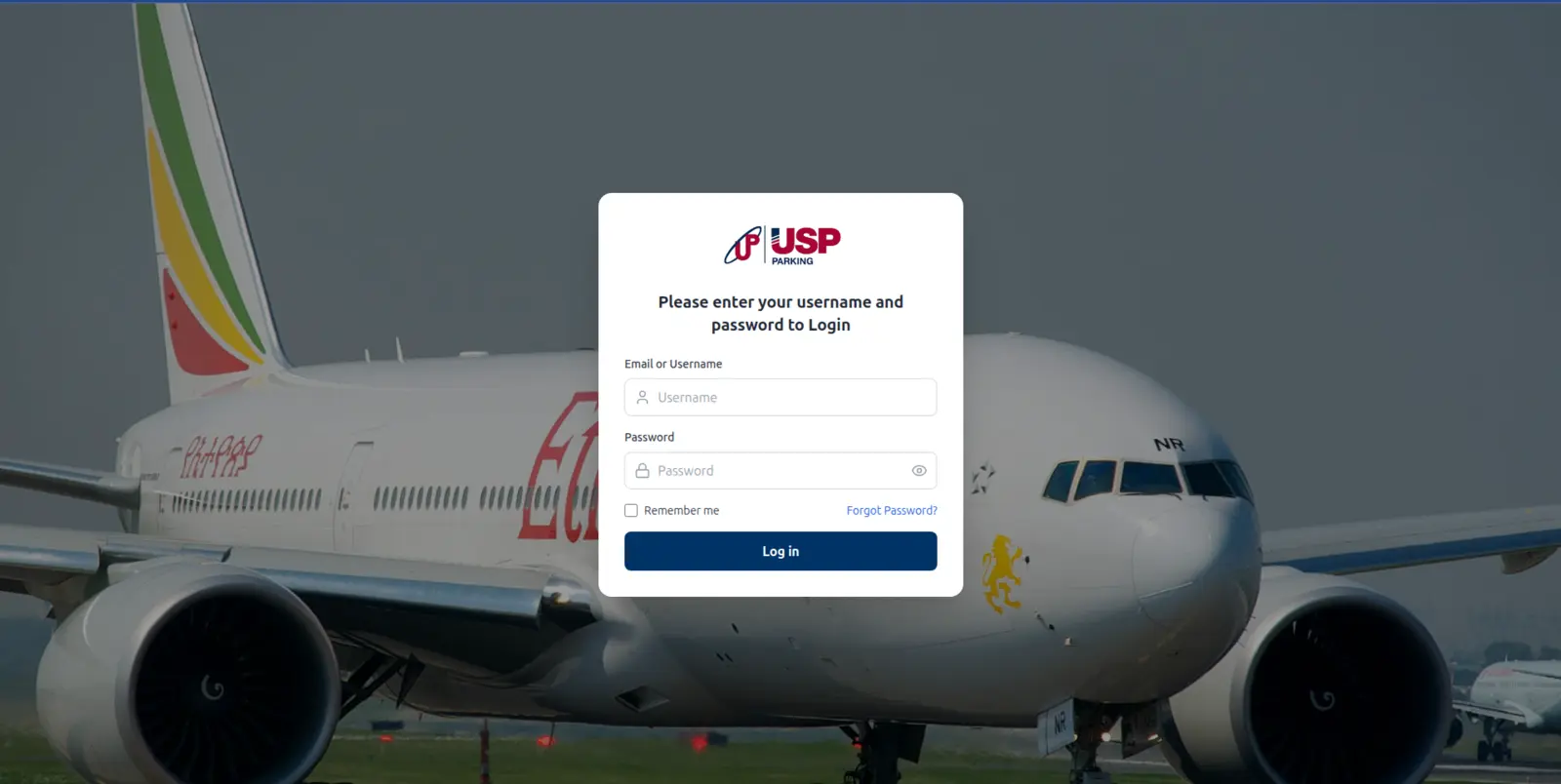 USP Airport Parking administration login screen